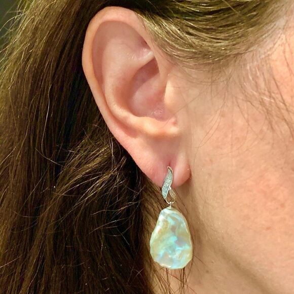 Diamond Large Fresh Water Pearl Earrings Baroque 14k Gold Certified $1950 914369 - Picture 2 of 9